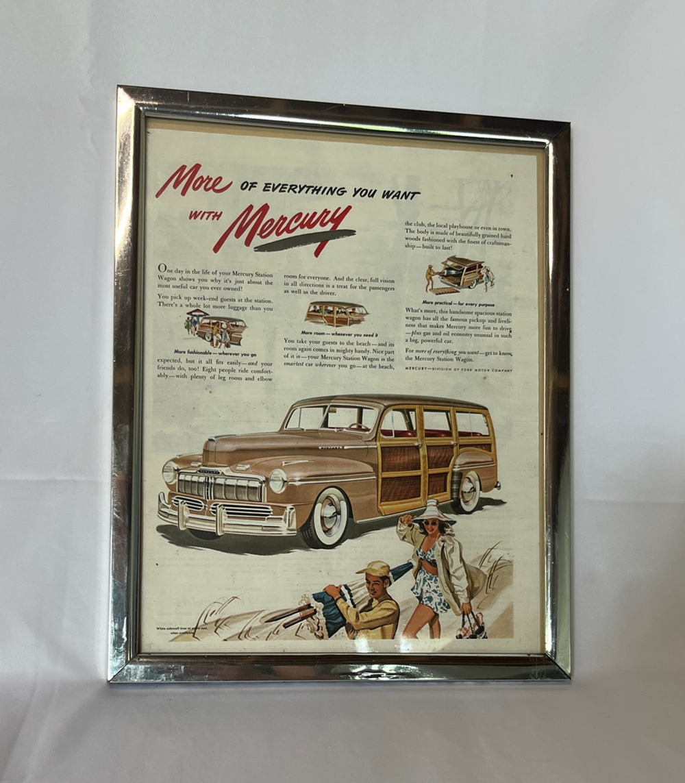 Vintage 1946-48 Mercury Woodie Station Wagon Print Ad Framed Chrome More